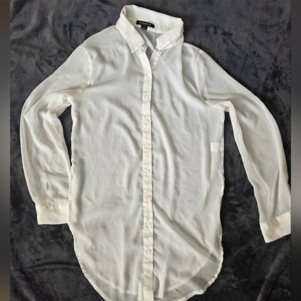 HERS & MINE, Long‎ Sleeve, Sheer, White, Tunic, Casual, Chic, Size Large